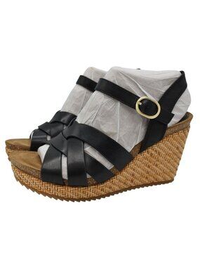 Sofft Womens Size 7.5 Carlana Wedge Black Leather Woven Open Toe Sandals Shoes